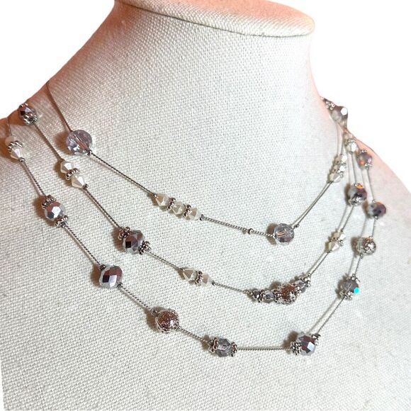 Triple Strand Silver Tone Layered Beaded Necklace - NWT - Picture 1 of 5